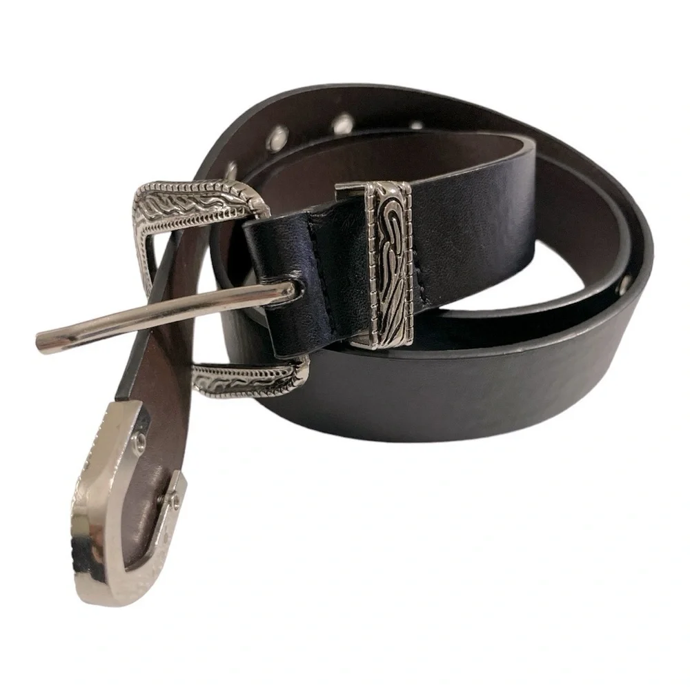 Black Leather Western Engraved Silver Buckle Belt | Size 27 | Boho Cowgirl